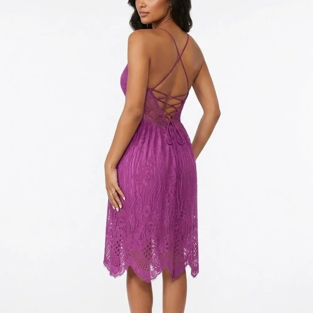 AOOKSMERY Purple Floral Lace Midi Dress NWT Lace Up Back Cocktail Wedding Guest